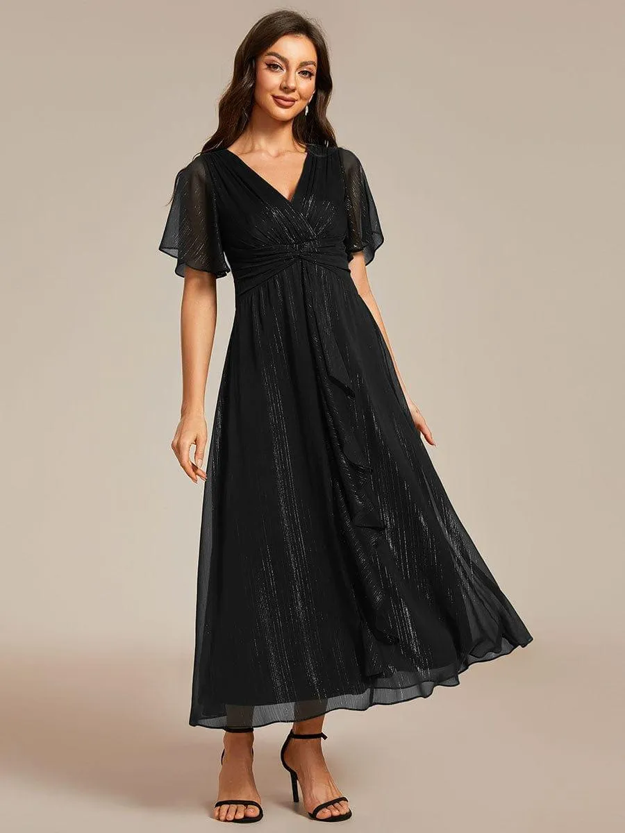 Silver Metallic Fabric V-Neck A-Line Evening Dress Featuring Delicate Ruffled Hem
