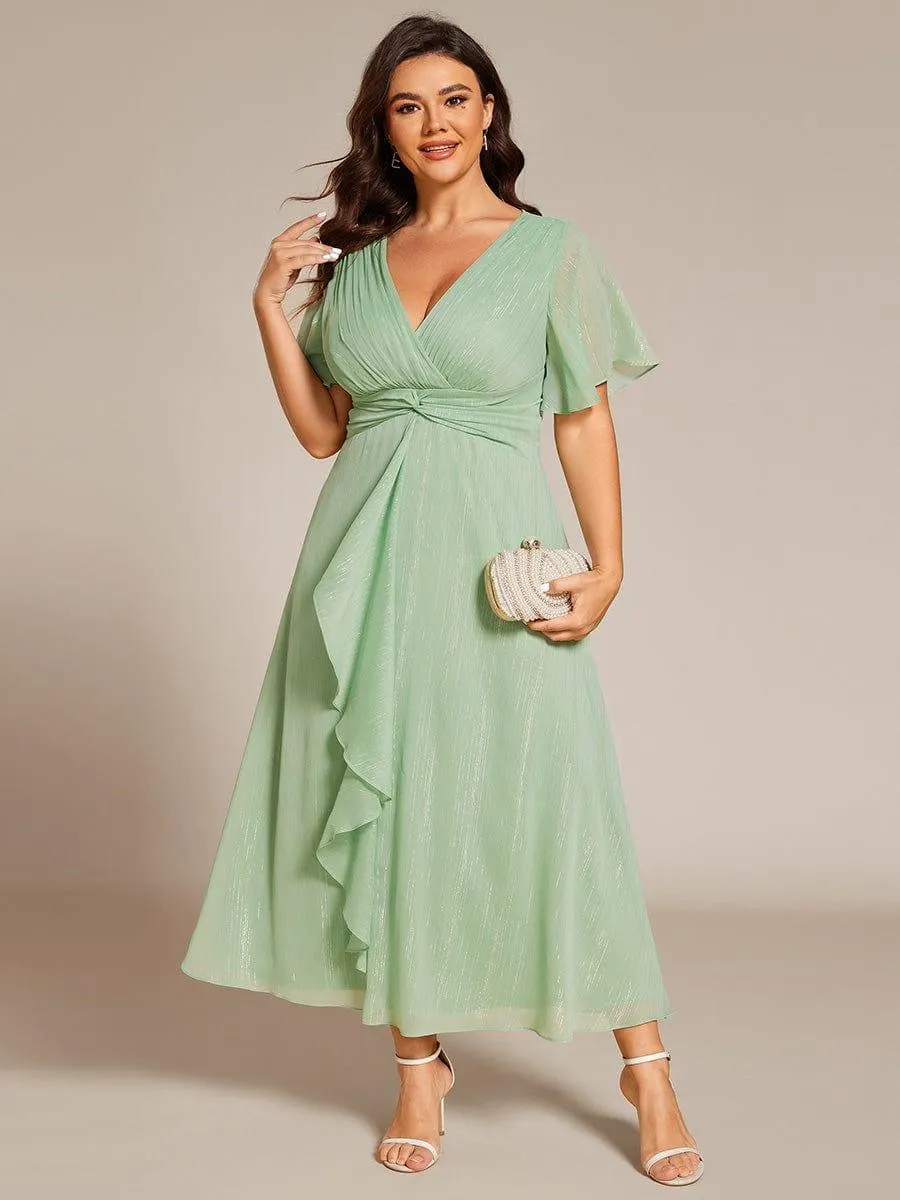Silver Metallic Fabric V-Neck A-Line Evening Dress Featuring Delicate Ruffled Hem