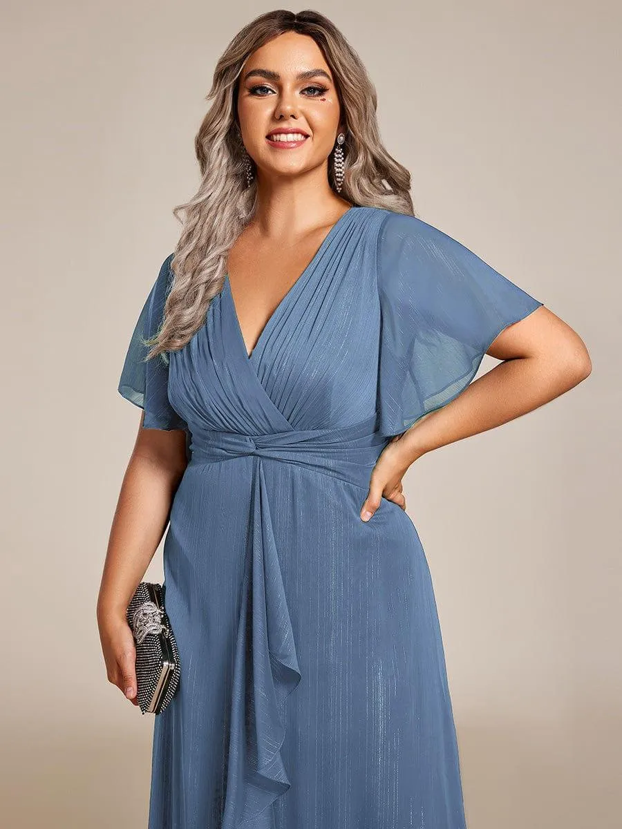 Silver Metallic Fabric V-Neck A-Line Evening Dress Featuring Delicate Ruffled Hem
