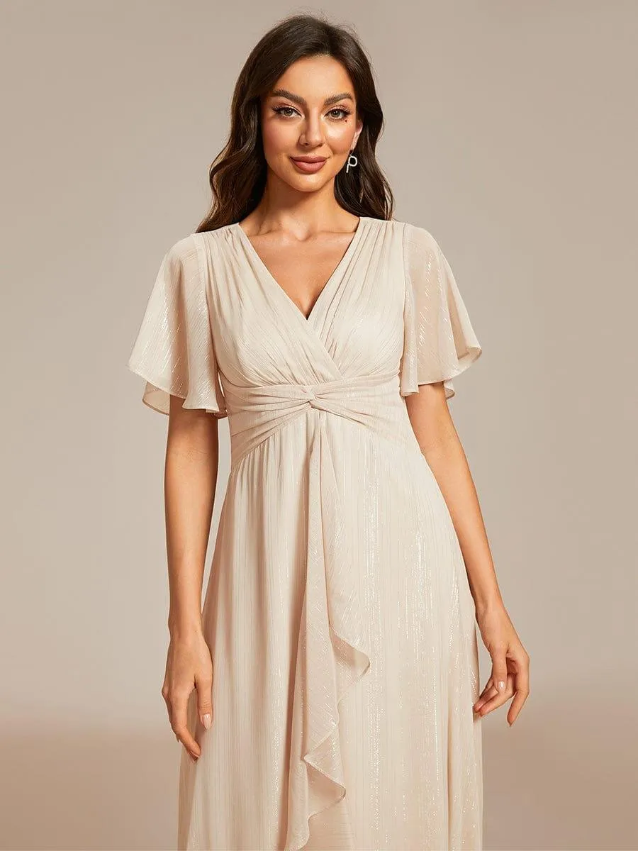 Silver Metallic Fabric V-Neck A-Line Evening Dress Featuring Delicate Ruffled Hem