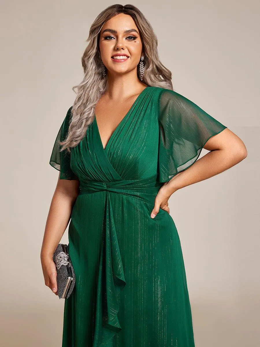 Silver Metallic Fabric V-Neck A-Line Evening Dress Featuring Delicate Ruffled Hem
