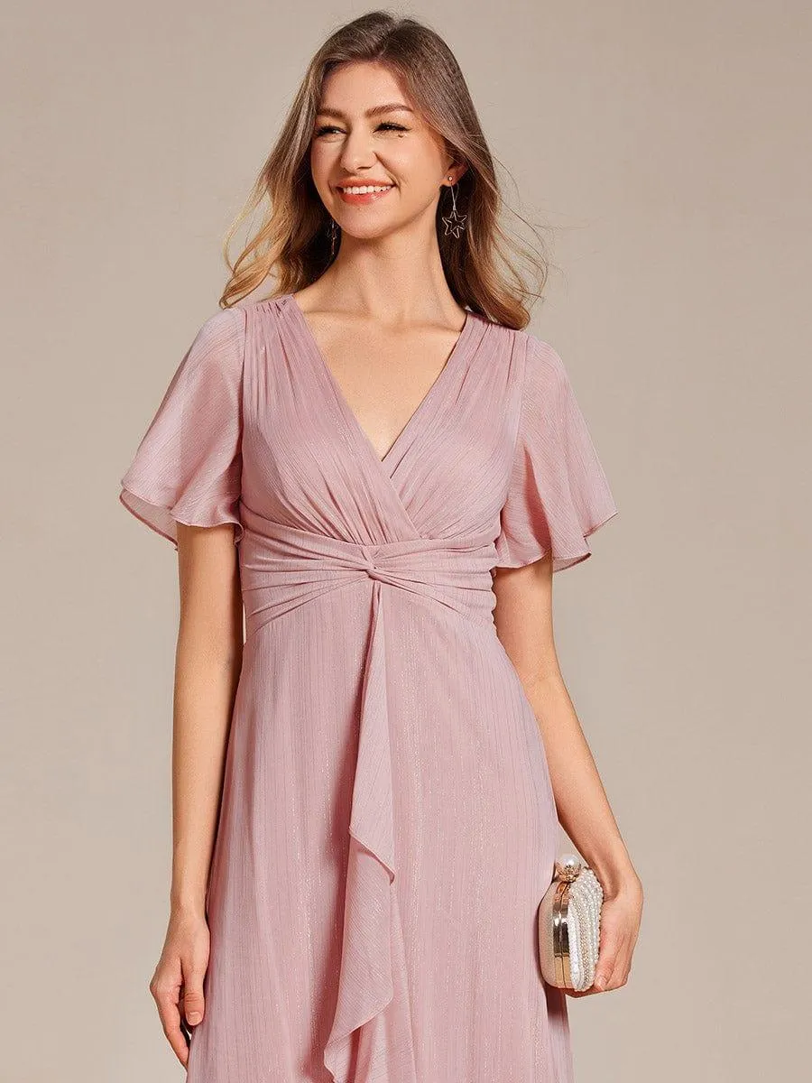 Silver Metallic Fabric V-Neck A-Line Evening Dress Featuring Delicate Ruffled Hem
