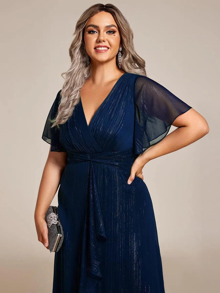Silver Metallic Fabric V-Neck A-Line Evening Dress Featuring Delicate Ruffled Hem