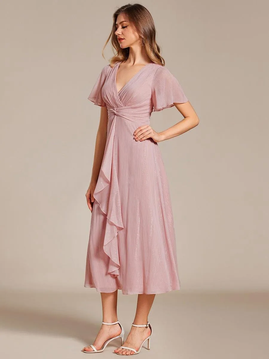 Silver Metallic Fabric V-Neck A-Line Evening Dress Featuring Delicate Ruffled Hem