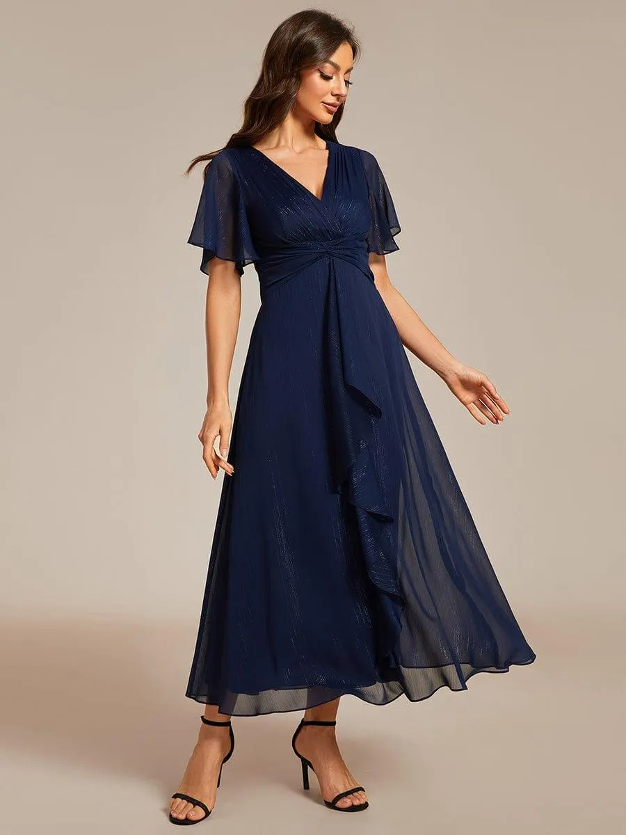 Silver Metallic Fabric V-Neck A-Line Evening Dress Featuring Delicate Ruffled Hem