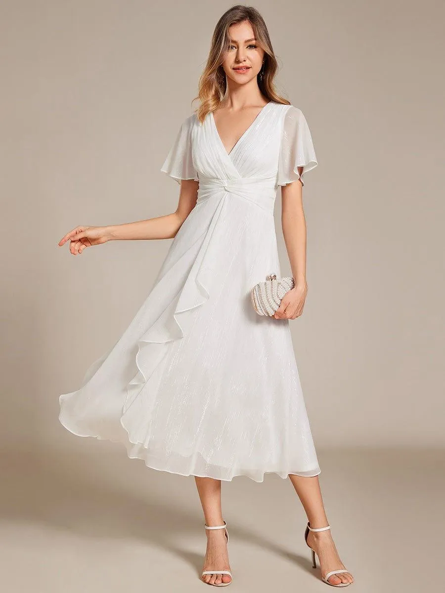 Silver Metallic Fabric V-Neck A-Line Evening Dress Featuring Delicate Ruffled Hem