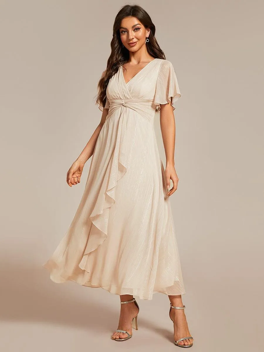 Silver Metallic Fabric V-Neck A-Line Evening Dress Featuring Delicate Ruffled Hem