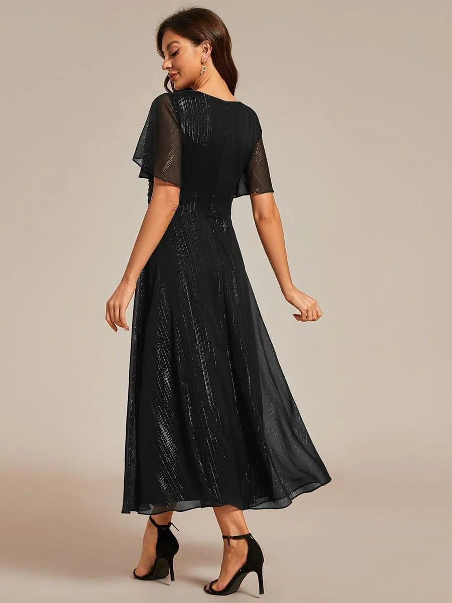 Silver Metallic Fabric V-Neck A-Line Evening Dress Featuring Delicate Ruffled Hem