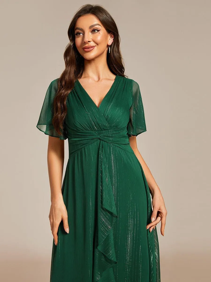 Silver Metallic Fabric V-Neck A-Line Evening Dress Featuring Delicate Ruffled Hem