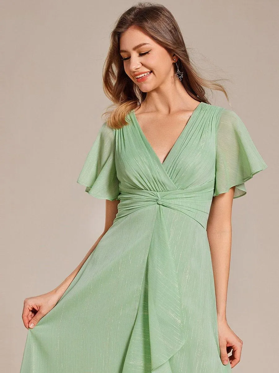 Silver Metallic Fabric V-Neck A-Line Evening Dress Featuring Delicate Ruffled Hem
