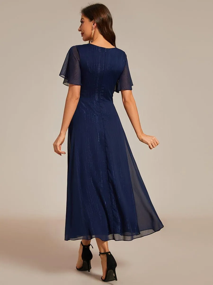 Silver Metallic Fabric V-Neck A-Line Evening Dress Featuring Delicate Ruffled Hem
