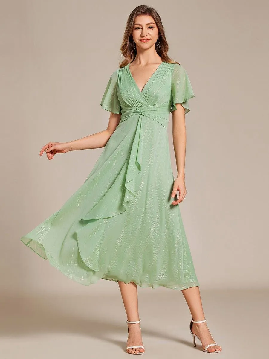 Silver Metallic Fabric V-Neck A-Line Evening Dress Featuring Delicate Ruffled Hem