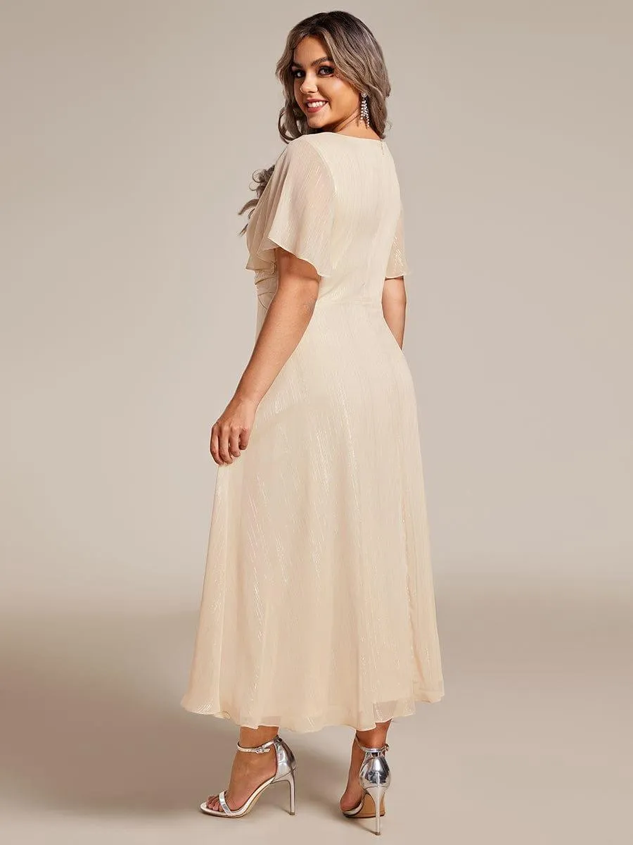 Silver Metallic Fabric V-Neck A-Line Evening Dress Featuring Delicate Ruffled Hem