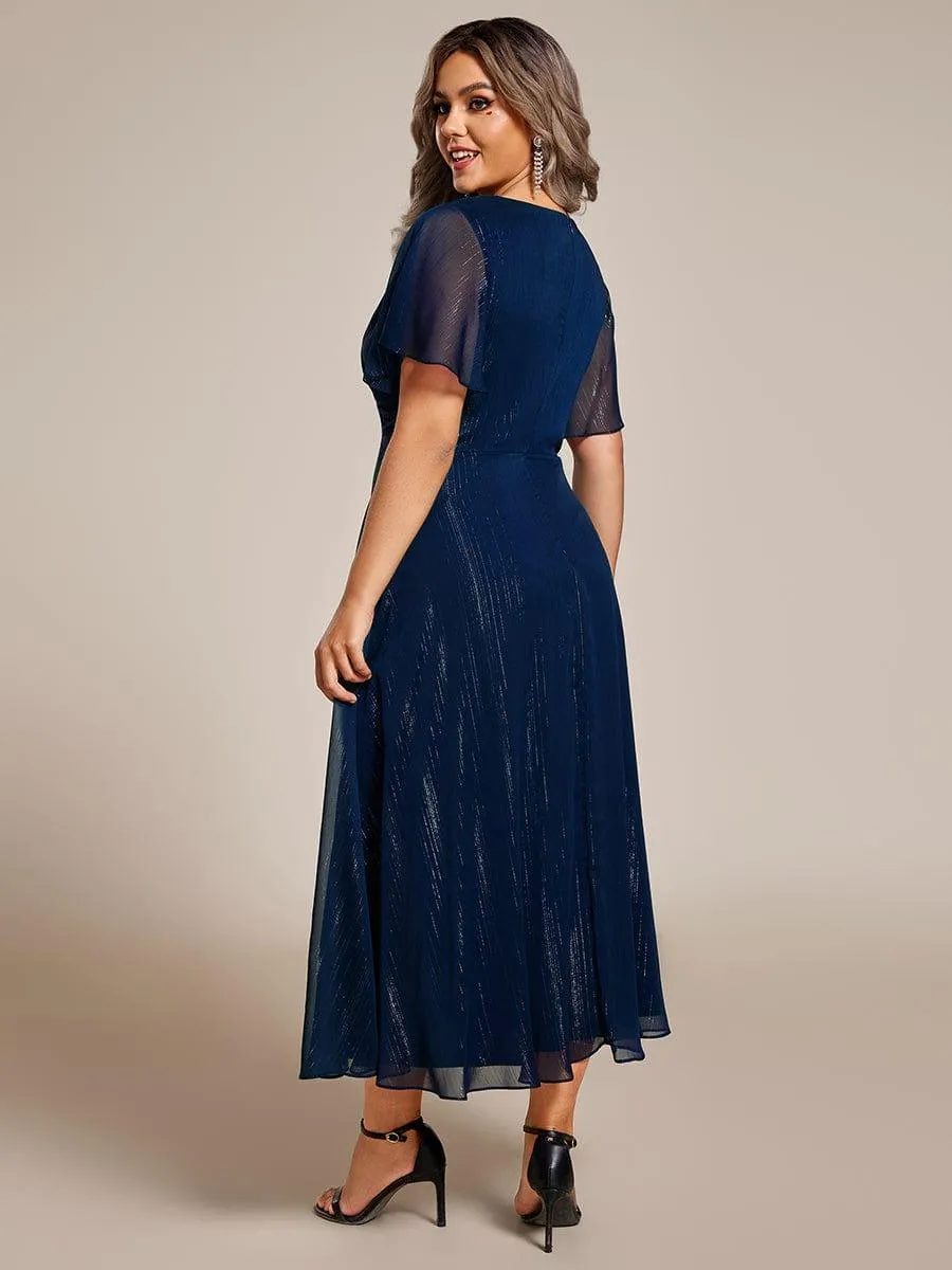 Silver Metallic Fabric V-Neck A-Line Evening Dress Featuring Delicate Ruffled Hem