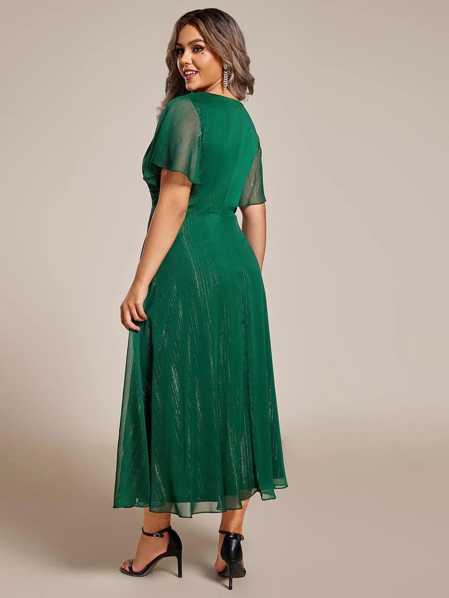 Silver Metallic Fabric V-Neck A-Line Evening Dress Featuring Delicate Ruffled Hem