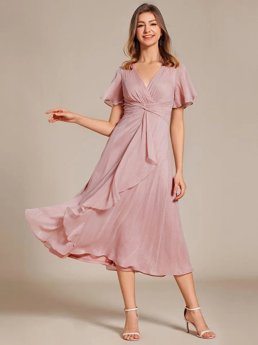 Silver Metallic Fabric V-Neck A-Line Evening Dress Featuring Delicate Ruffled Hem