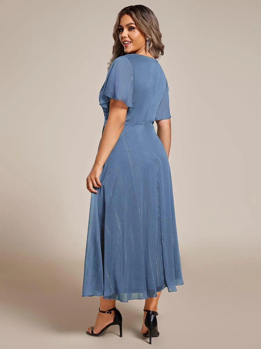 Silver Metallic Fabric V-Neck A-Line Evening Dress Featuring Delicate Ruffled Hem