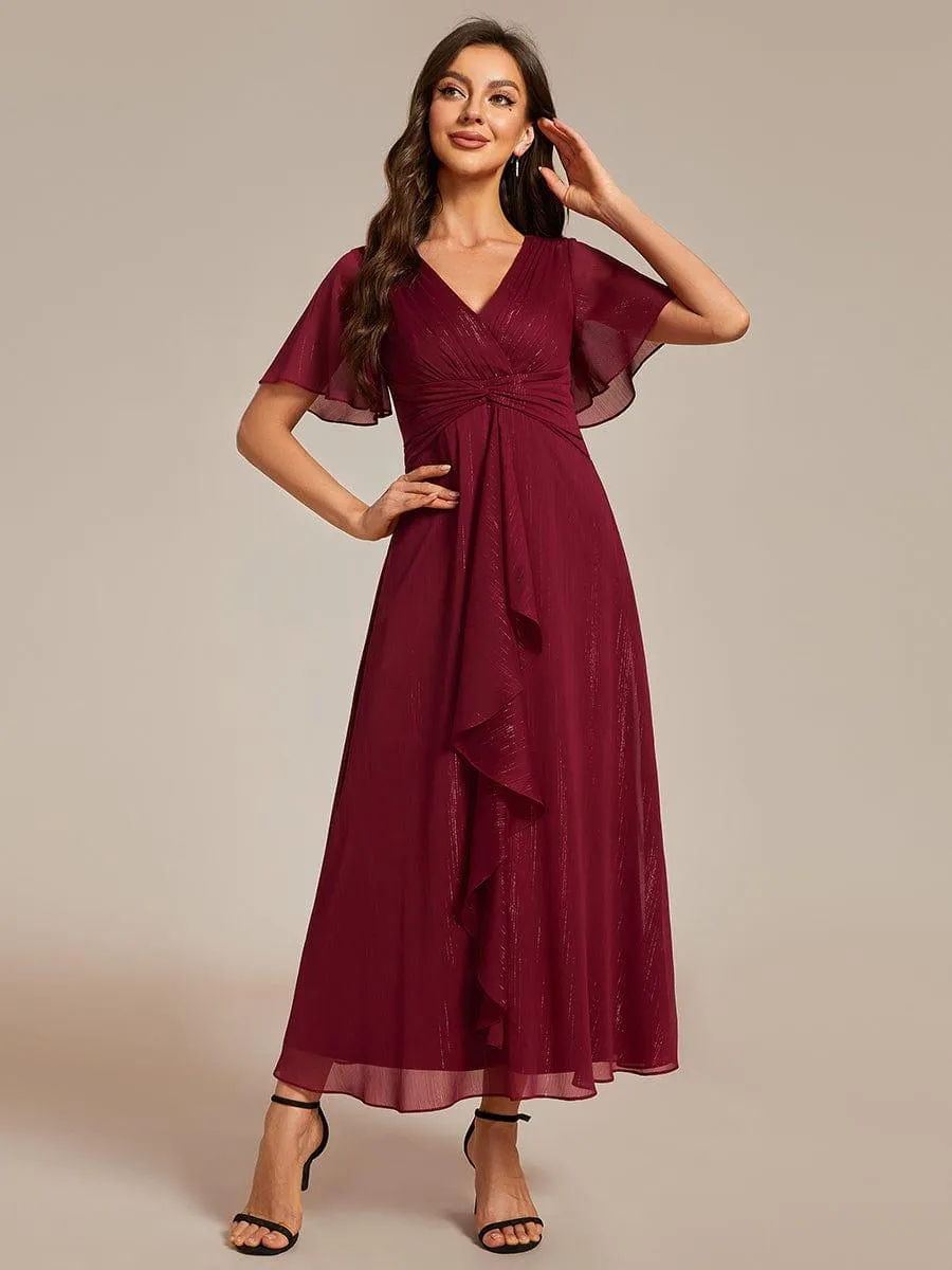 Silver Metallic Fabric V-Neck A-Line Evening Dress Featuring Delicate Ruffled Hem