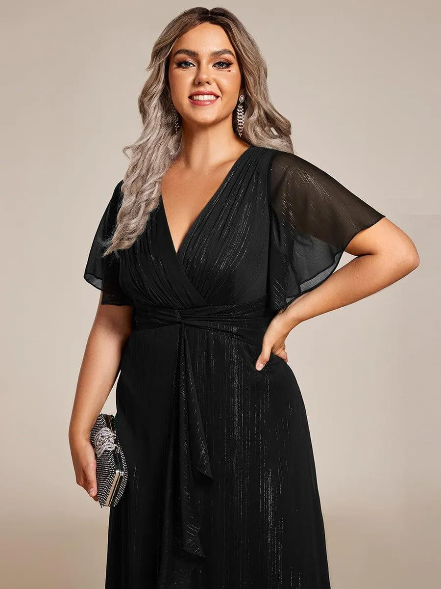 Silver Metallic Fabric V-Neck A-Line Evening Dress Featuring Delicate Ruffled Hem