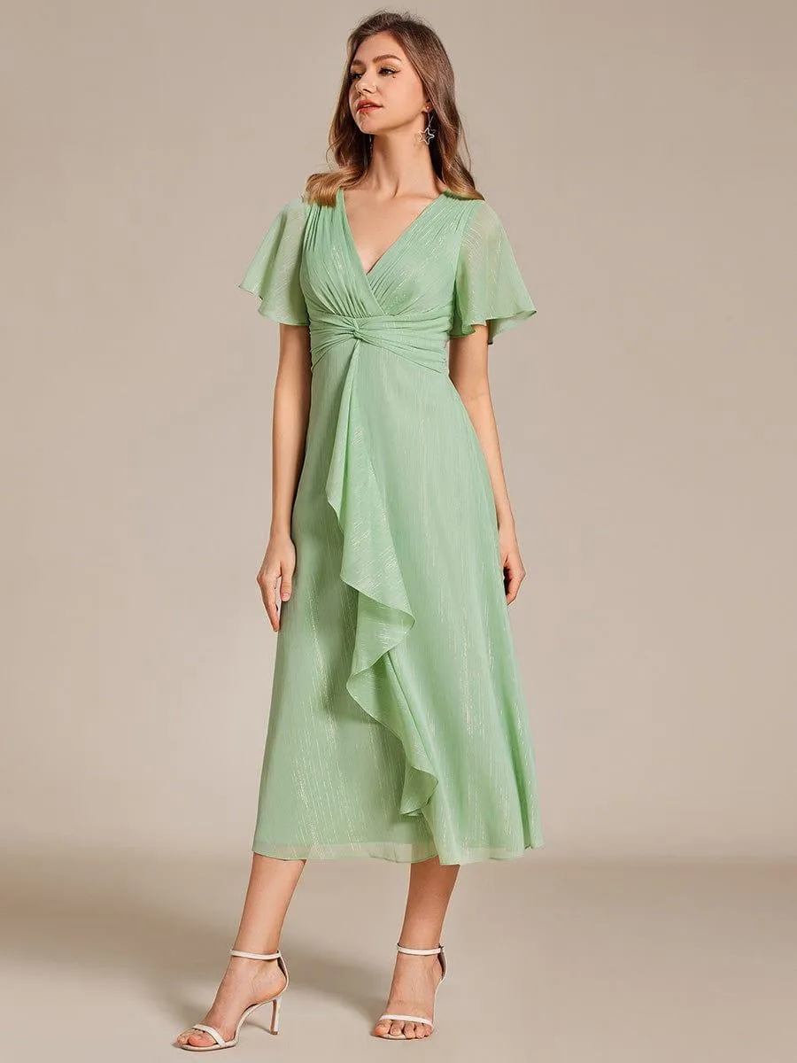 Silver Metallic Fabric V-Neck A-Line Evening Dress Featuring Delicate Ruffled Hem