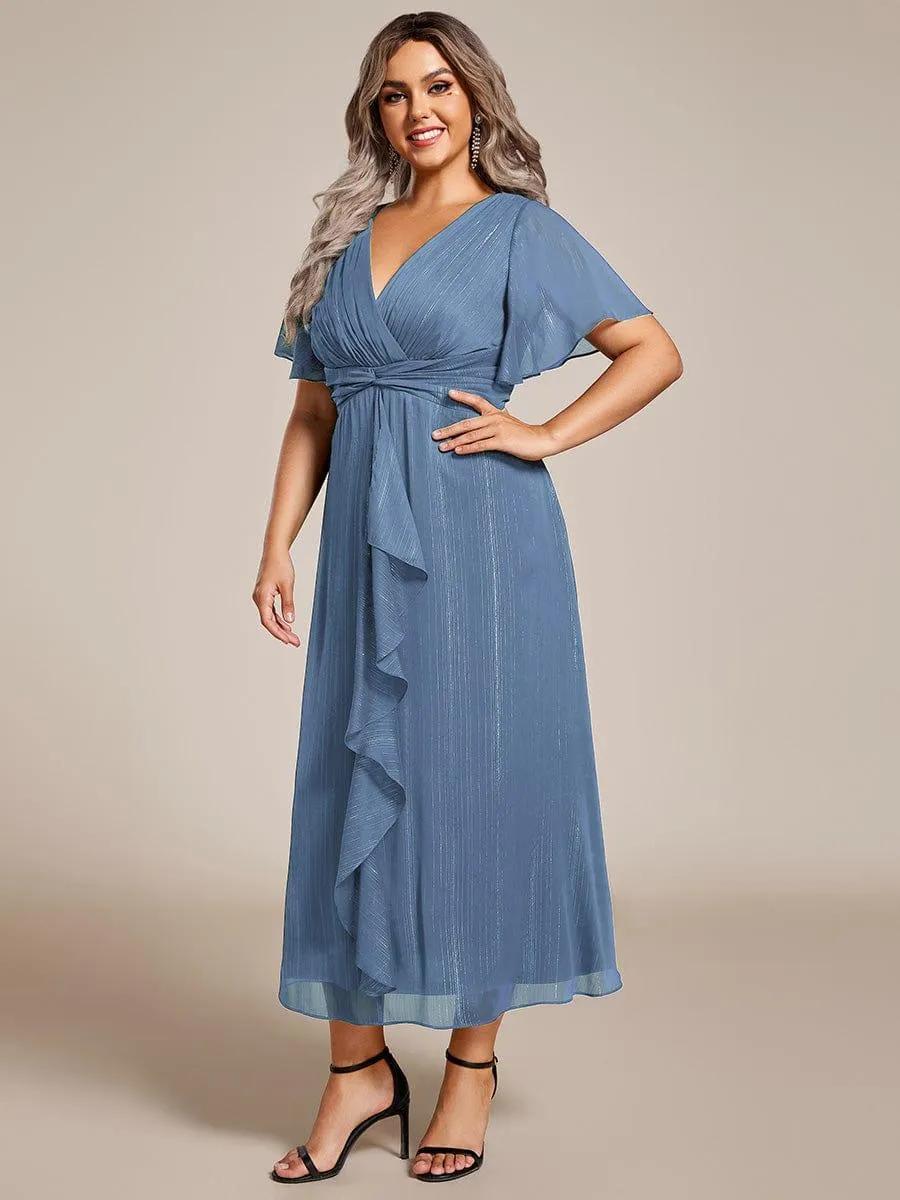 Silver Metallic Fabric V-Neck A-Line Evening Dress Featuring Delicate Ruffled Hem