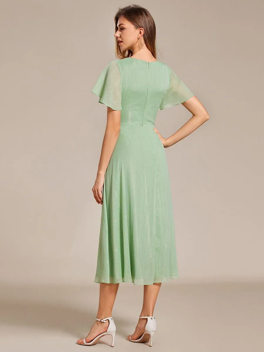 Silver Metallic Fabric V-Neck A-Line Evening Dress Featuring Delicate Ruffled Hem