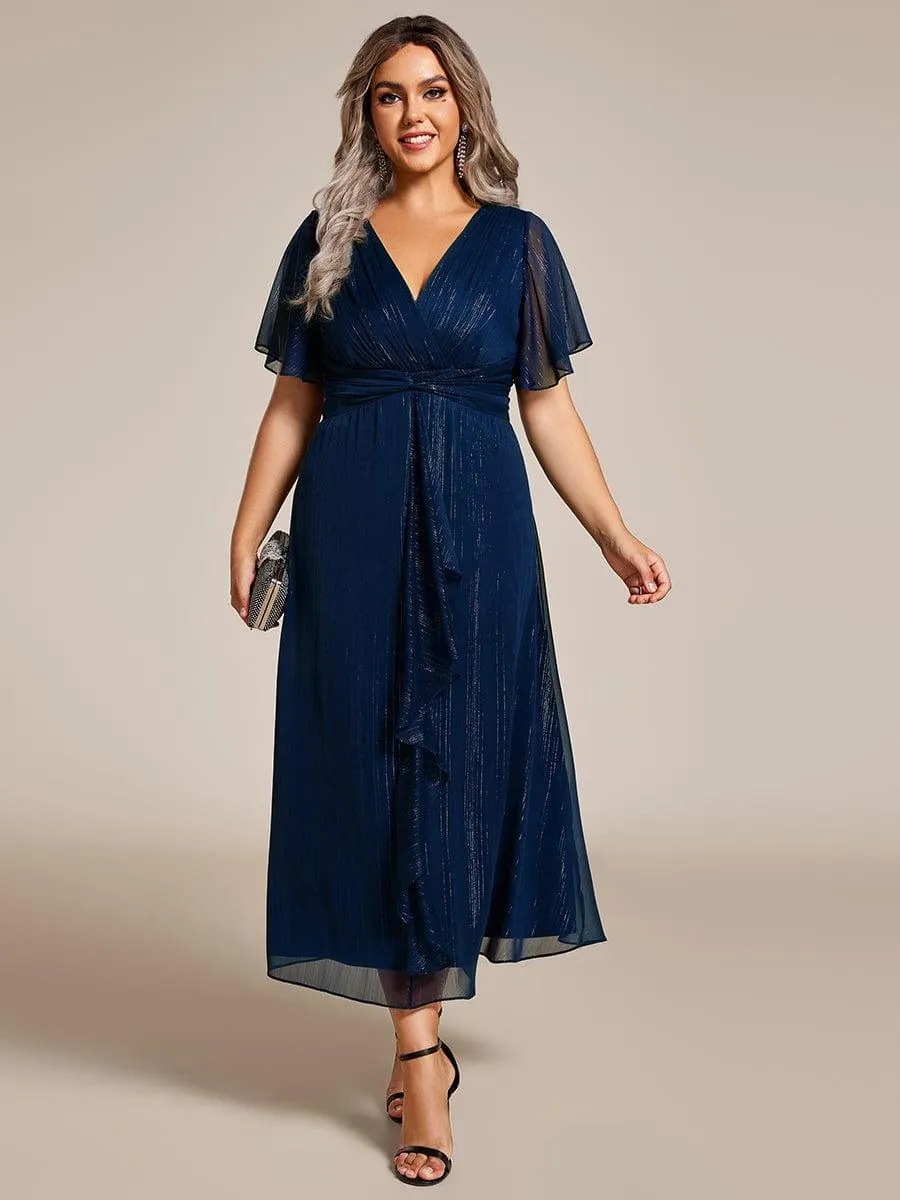 Silver Metallic Fabric V-Neck A-Line Evening Dress Featuring Delicate Ruffled Hem