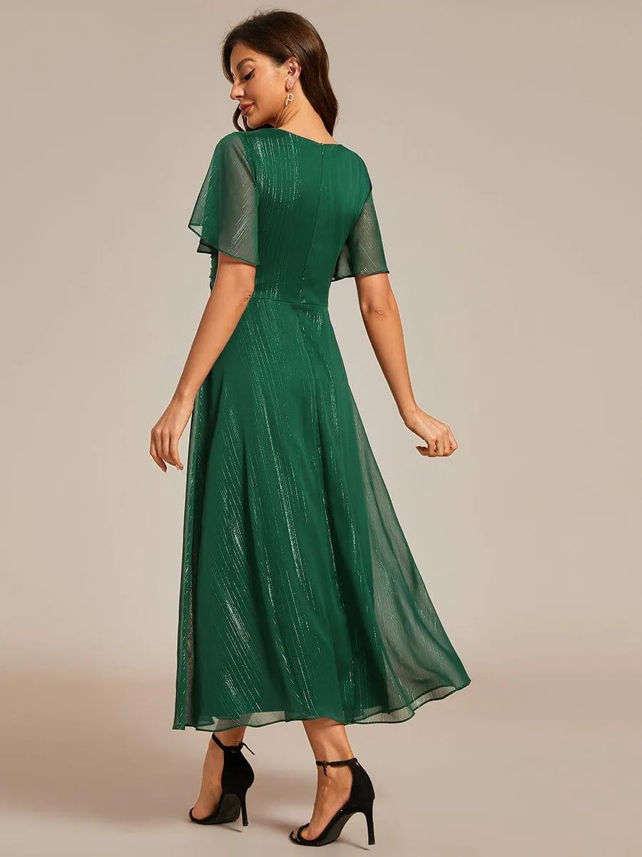 Silver Metallic Fabric V-Neck A-Line Evening Dress Featuring Delicate Ruffled Hem