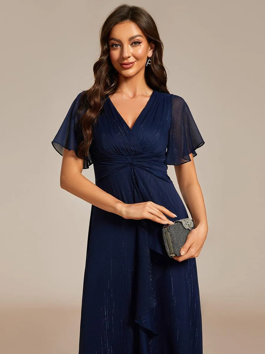 Silver Metallic Fabric V-Neck A-Line Evening Dress Featuring Delicate Ruffled Hem
