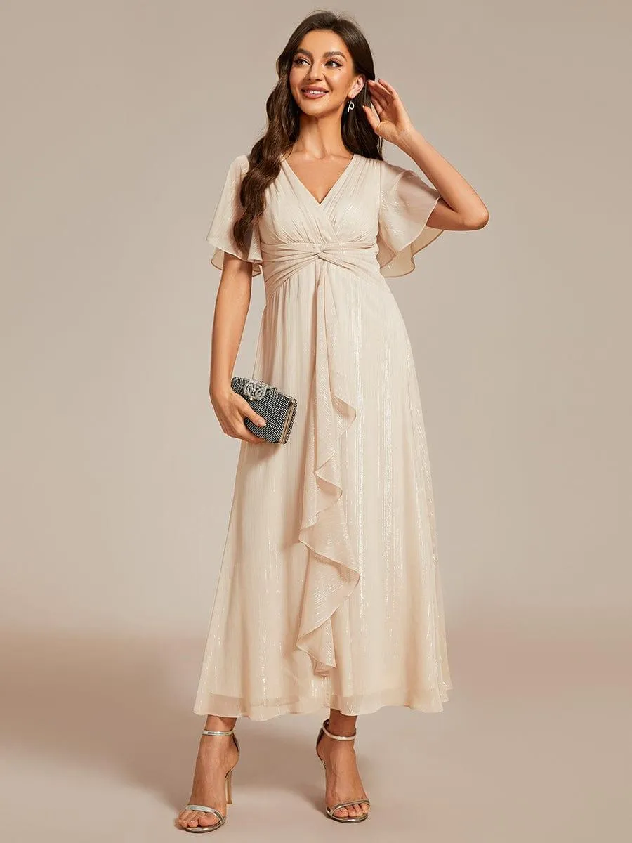 Silver Metallic Fabric V-Neck A-Line Evening Dress Featuring Delicate Ruffled Hem