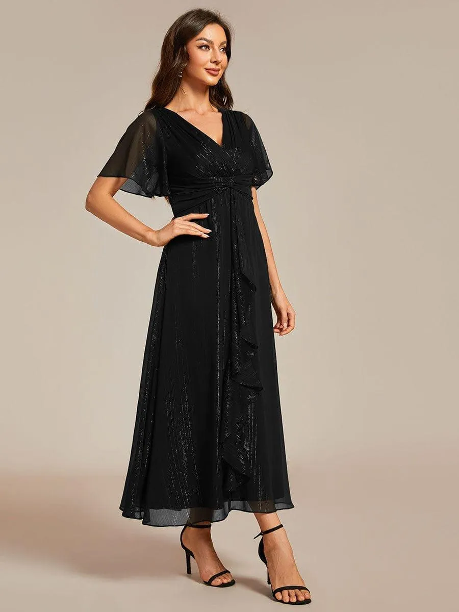 Silver Metallic Fabric V-Neck A-Line Evening Dress Featuring Delicate Ruffled Hem
