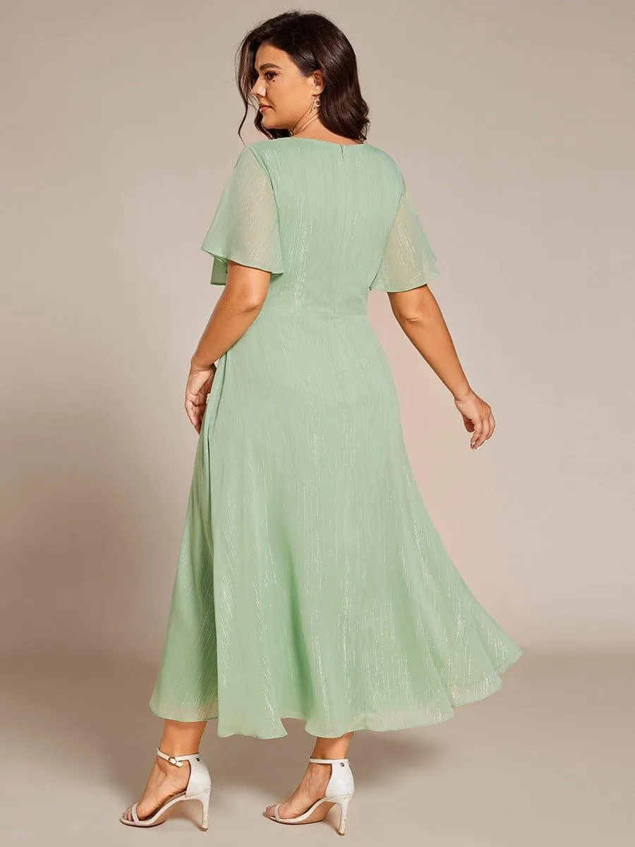 Silver Metallic Fabric V-Neck A-Line Evening Dress Featuring Delicate Ruffled Hem