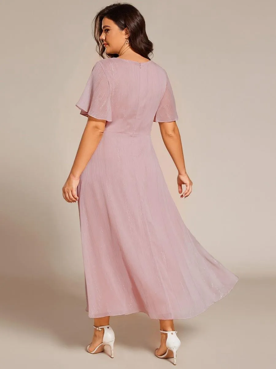 Silver Metallic Fabric V-Neck A-Line Evening Dress Featuring Delicate Ruffled Hem
