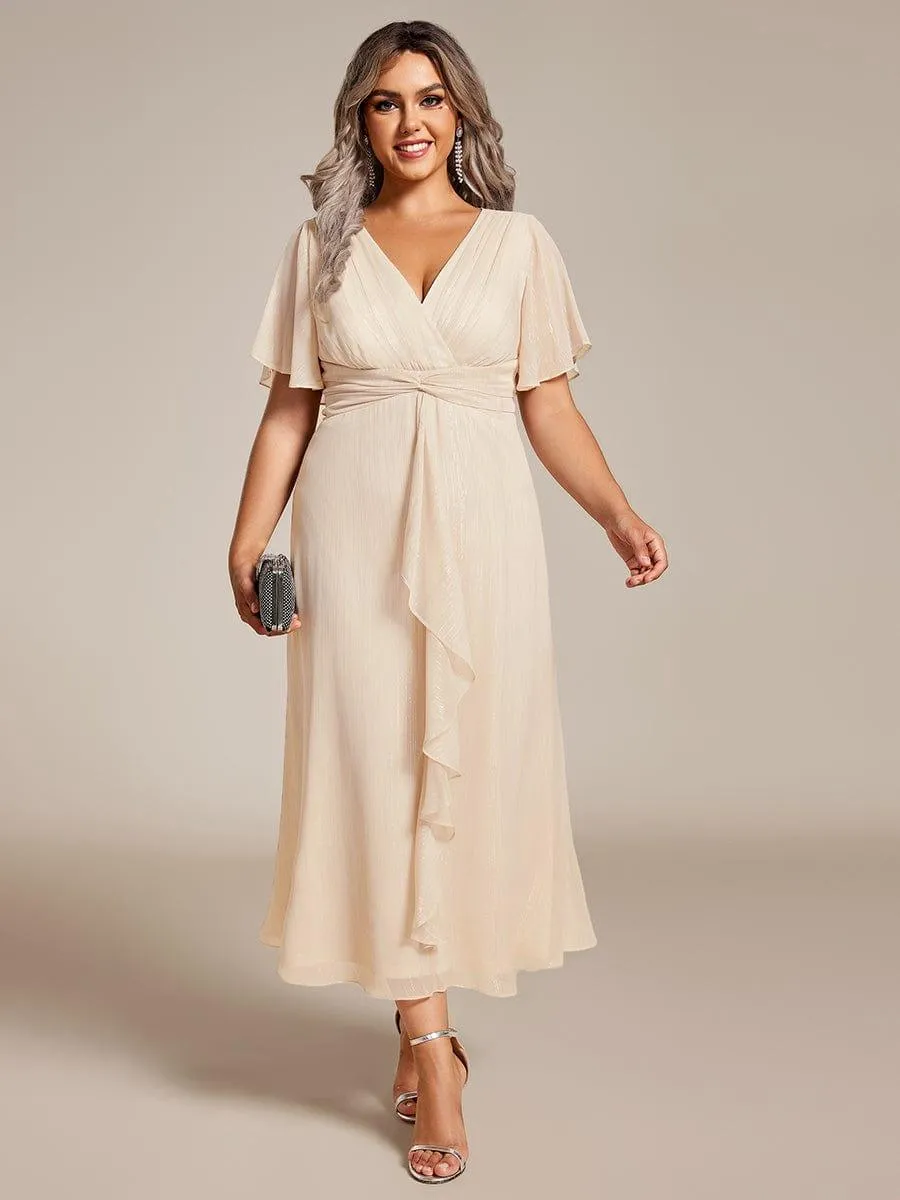 Silver Metallic Fabric V-Neck A-Line Evening Dress Featuring Delicate Ruffled Hem