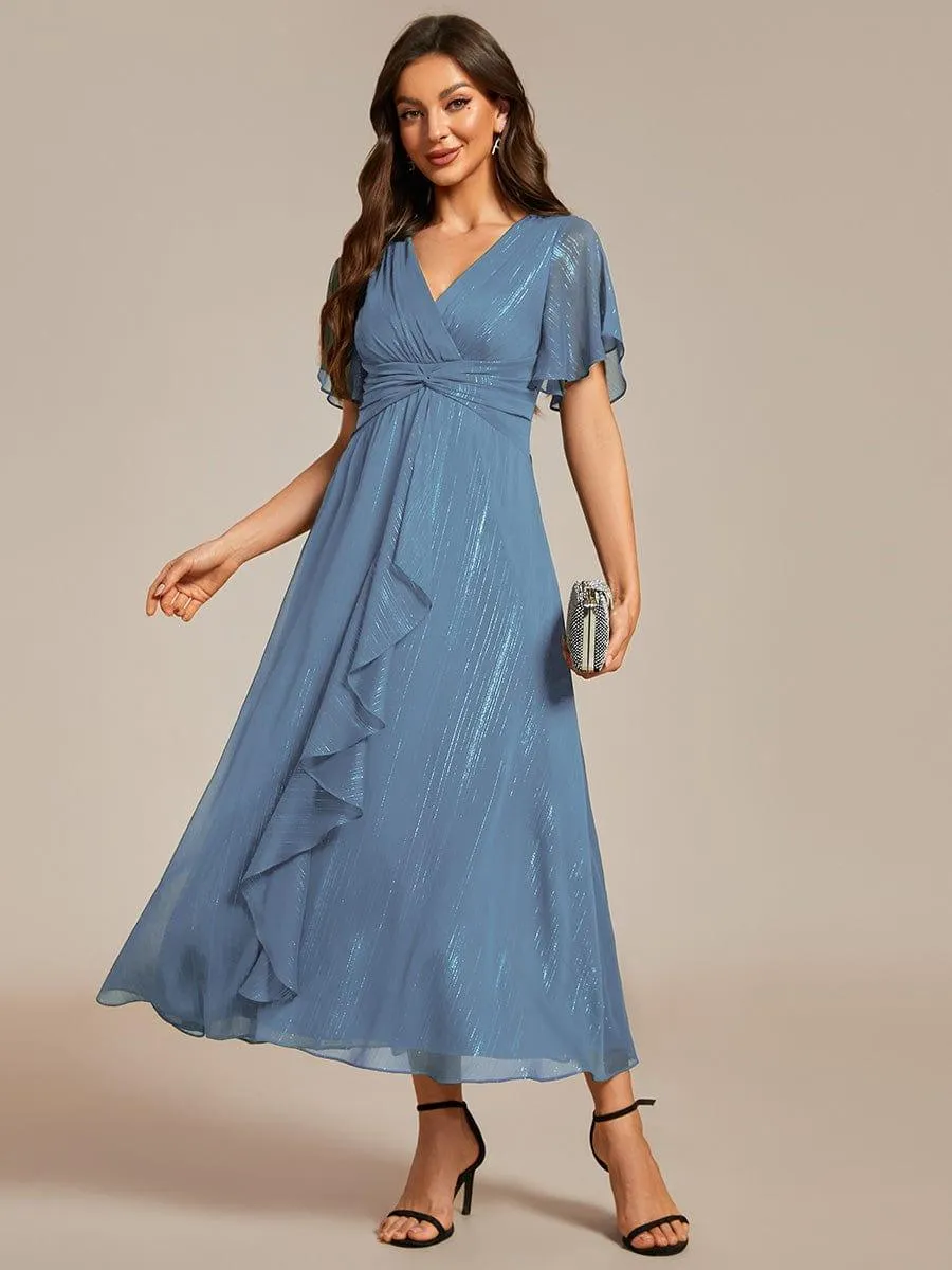 Silver Metallic Fabric V-Neck A-Line Evening Dress Featuring Delicate Ruffled Hem