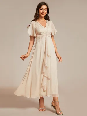 Silver Metallic Fabric V-Neck A-Line Evening Dress Featuring Delicate Ruffled Hem