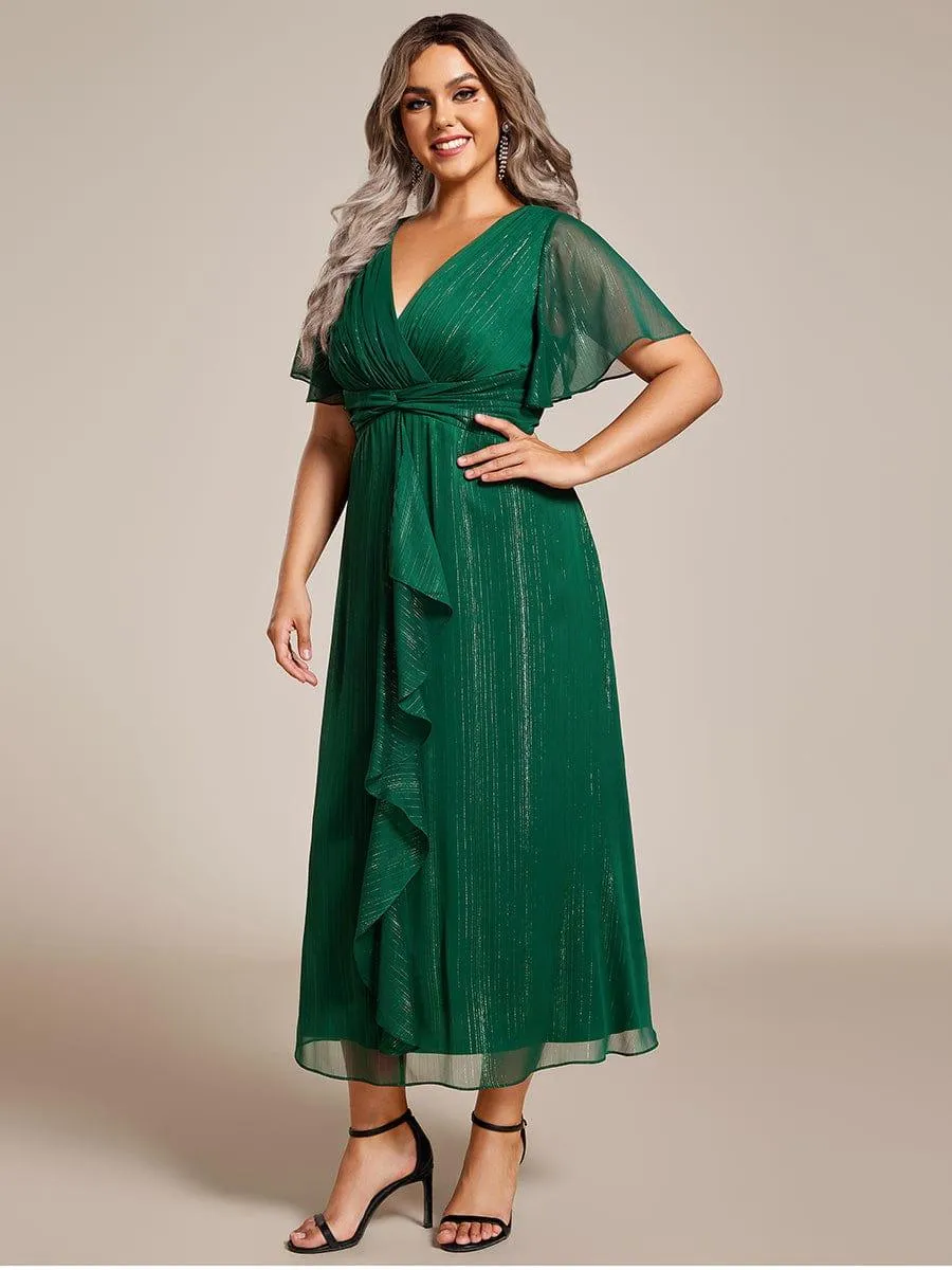 Silver Metallic Fabric V-Neck A-Line Evening Dress Featuring Delicate Ruffled Hem