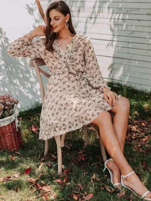 Simplee Layered Ruffle Trim Belted Floral Dress