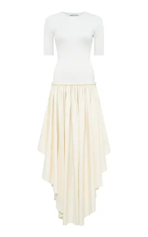 Sirona Pleated Maxi Dress in Ivory Virgin Wool Silk with Linen