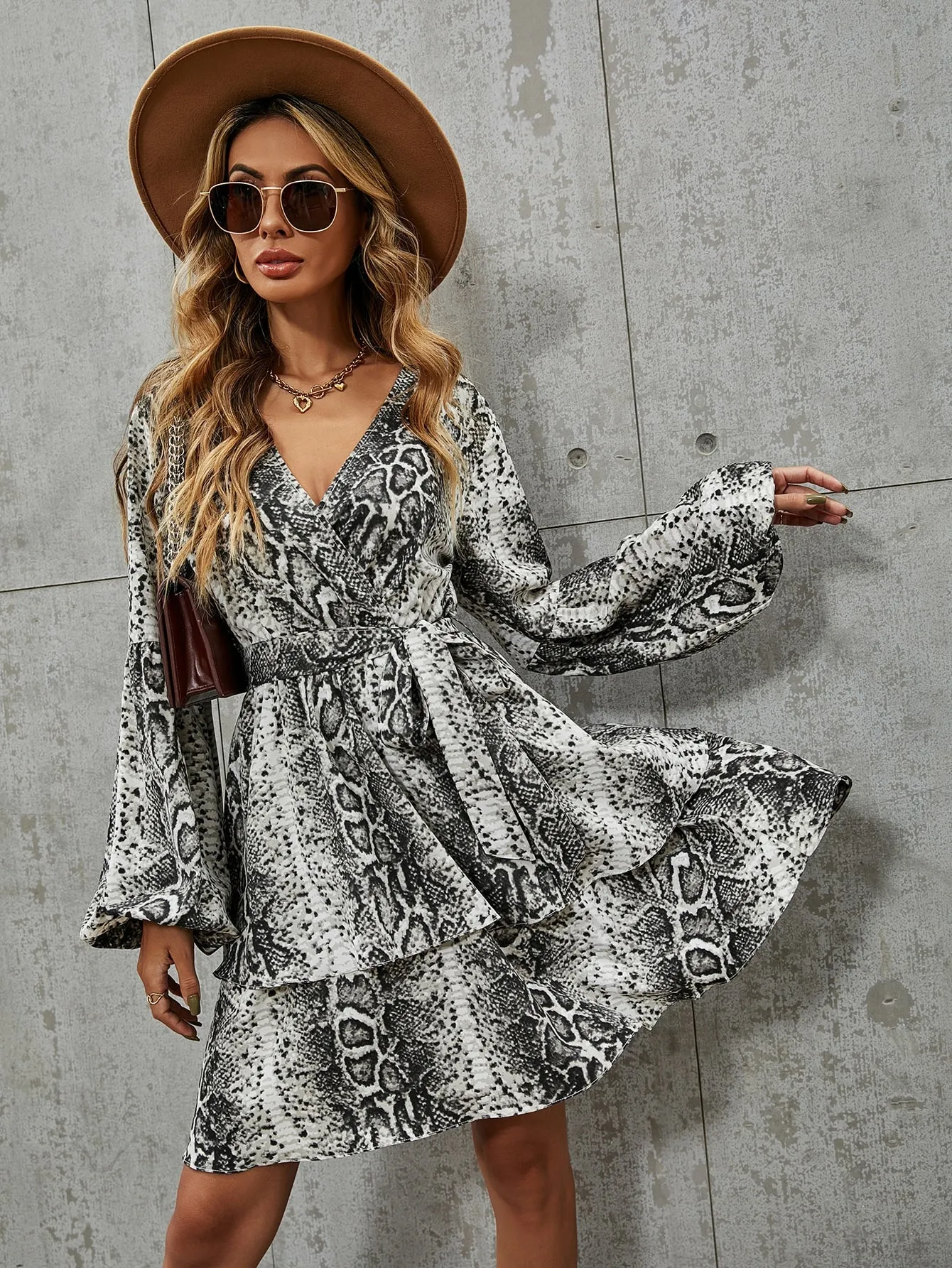 Snakeskin Print Belted Long Sleeve V Neck Layered/Tiered High Waist Short Dress