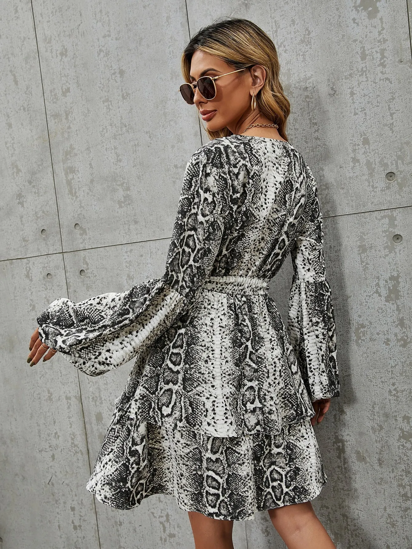 Snakeskin Print Belted Long Sleeve V Neck Layered/Tiered High Waist Short Dress
