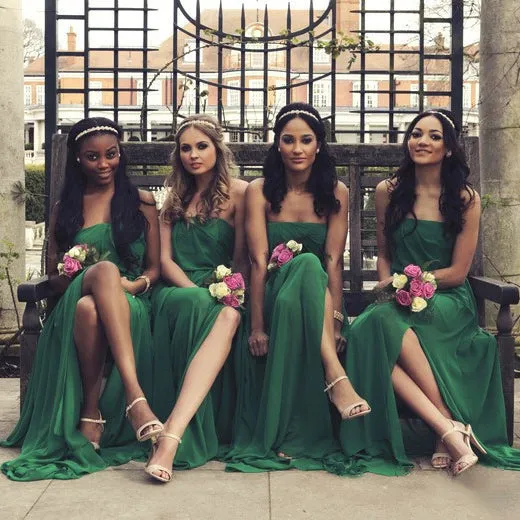 Strapless Emerald Green Bridesmaid Dress with Side Slit Flowing Chiffon Sleeveless Summer Bridesmaid Dresses