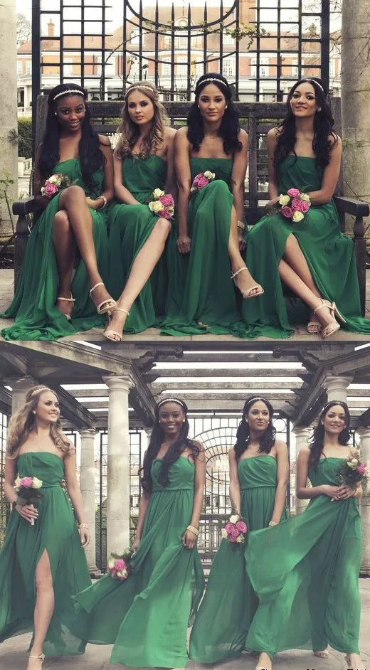 Strapless Emerald Green Bridesmaid Dress with Side Slit Flowing Chiffon Sleeveless Summer Bridesmaid Dresses