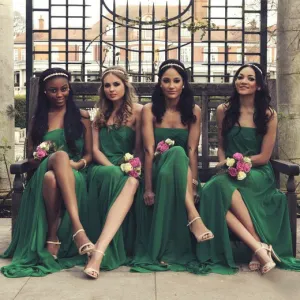 Strapless Emerald Green Bridesmaid Dress with Side Slit Flowing Chiffon Sleeveless Summer Bridesmaid Dresses