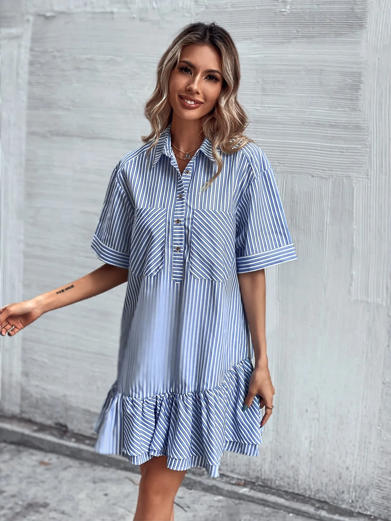 Striped Button Front Short Sleeve Collar Flounce Drop Waist Short Dress