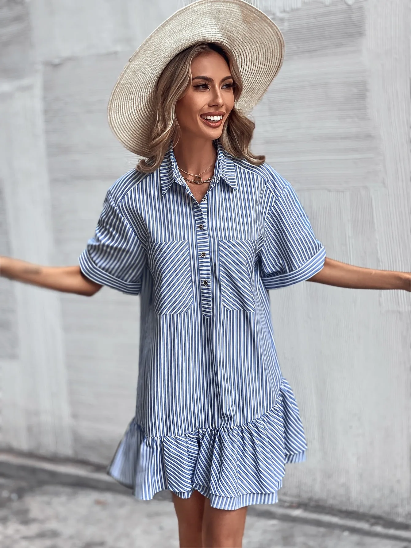 Striped Button Front Short Sleeve Collar Flounce Drop Waist Short Dress