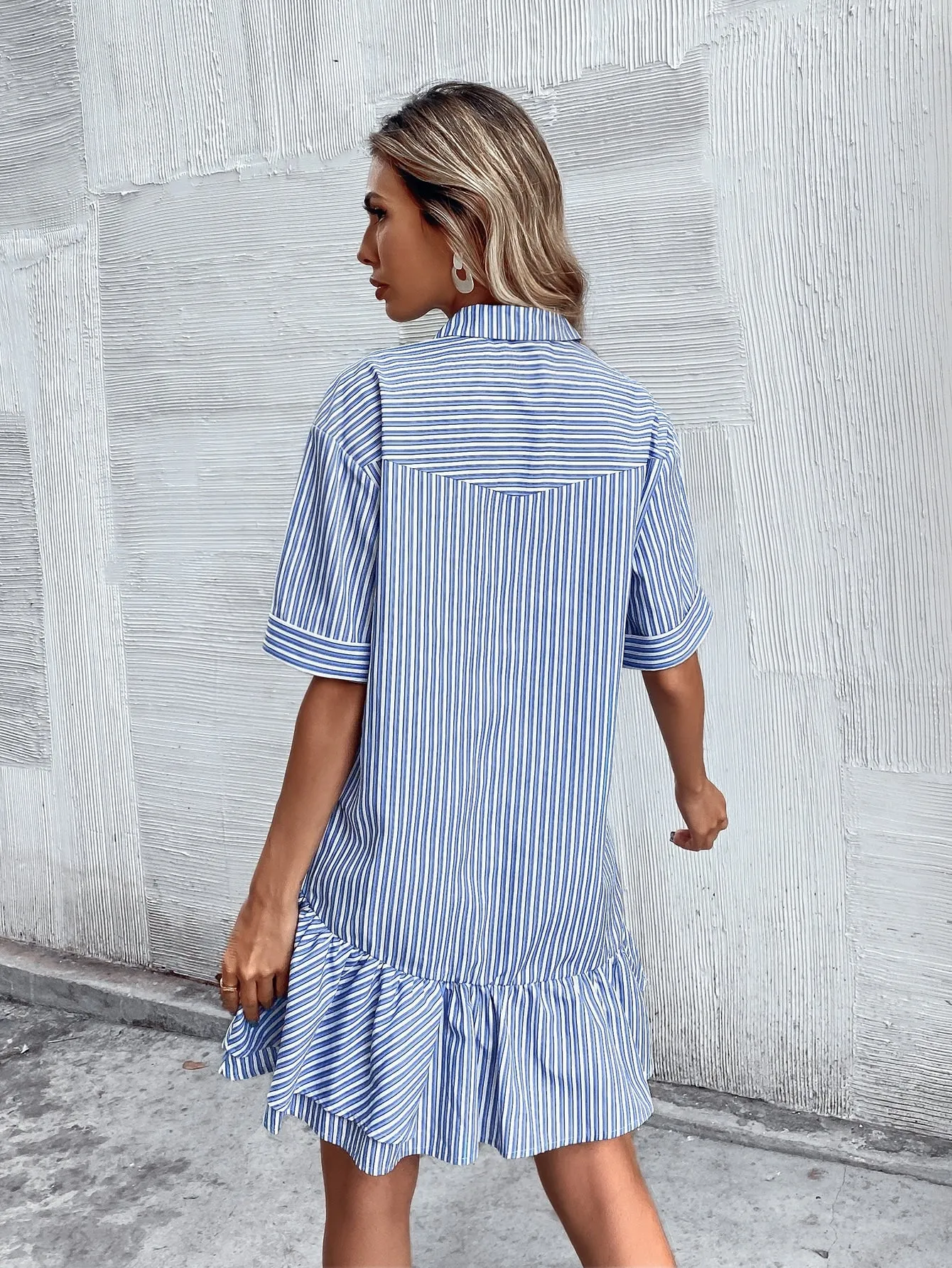 Striped Button Front Short Sleeve Collar Flounce Drop Waist Short Dress