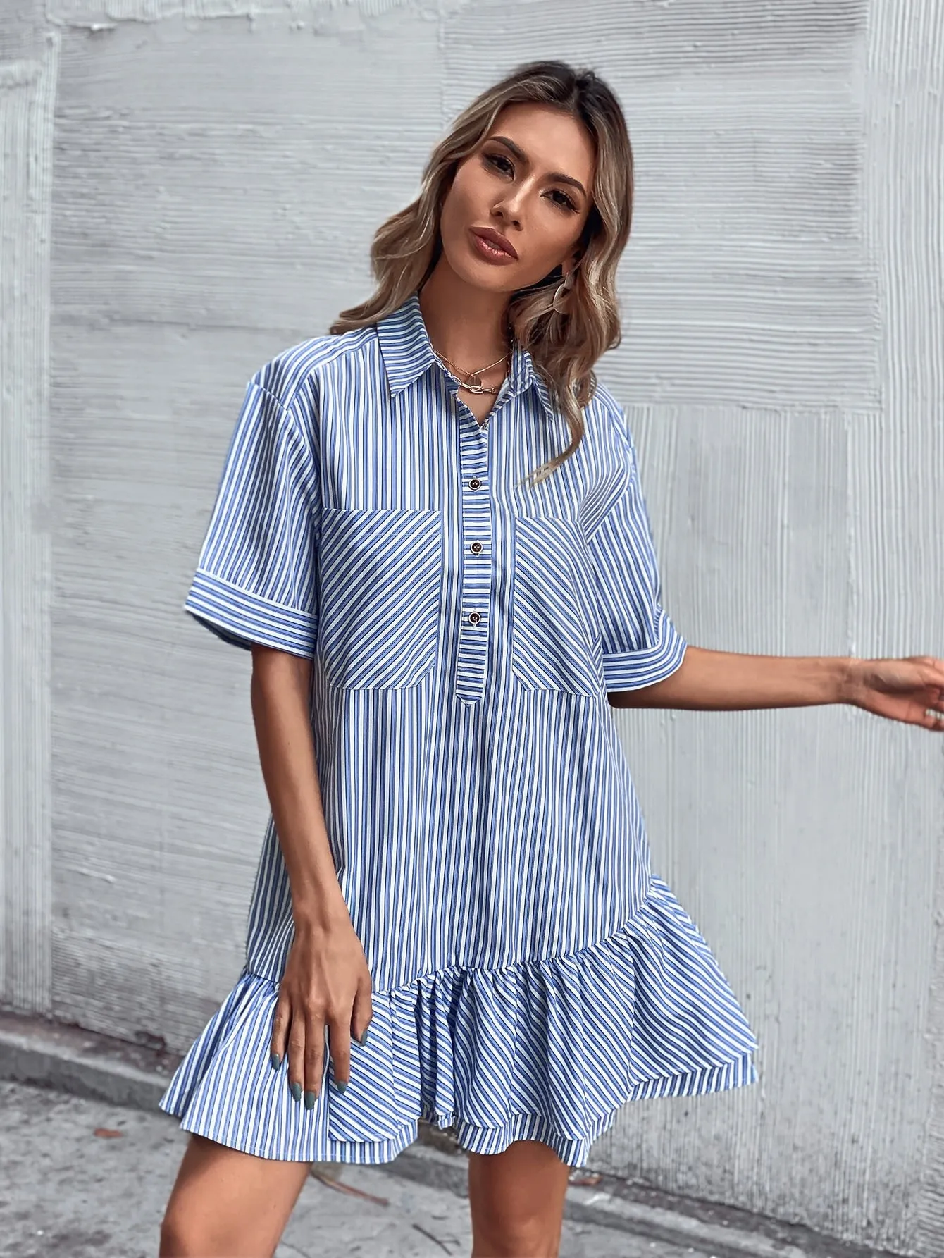 Striped Button Front Short Sleeve Collar Flounce Drop Waist Short Dress