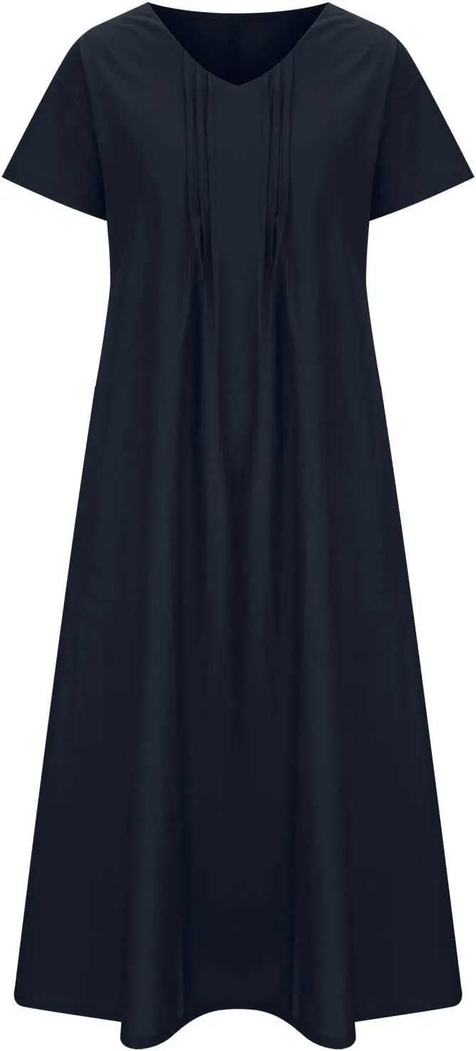Summer Dress for Women Plus Size Short Sleeve Linen Shirt Dresses Crewneck Maxi Dress Business Casual Dresses
