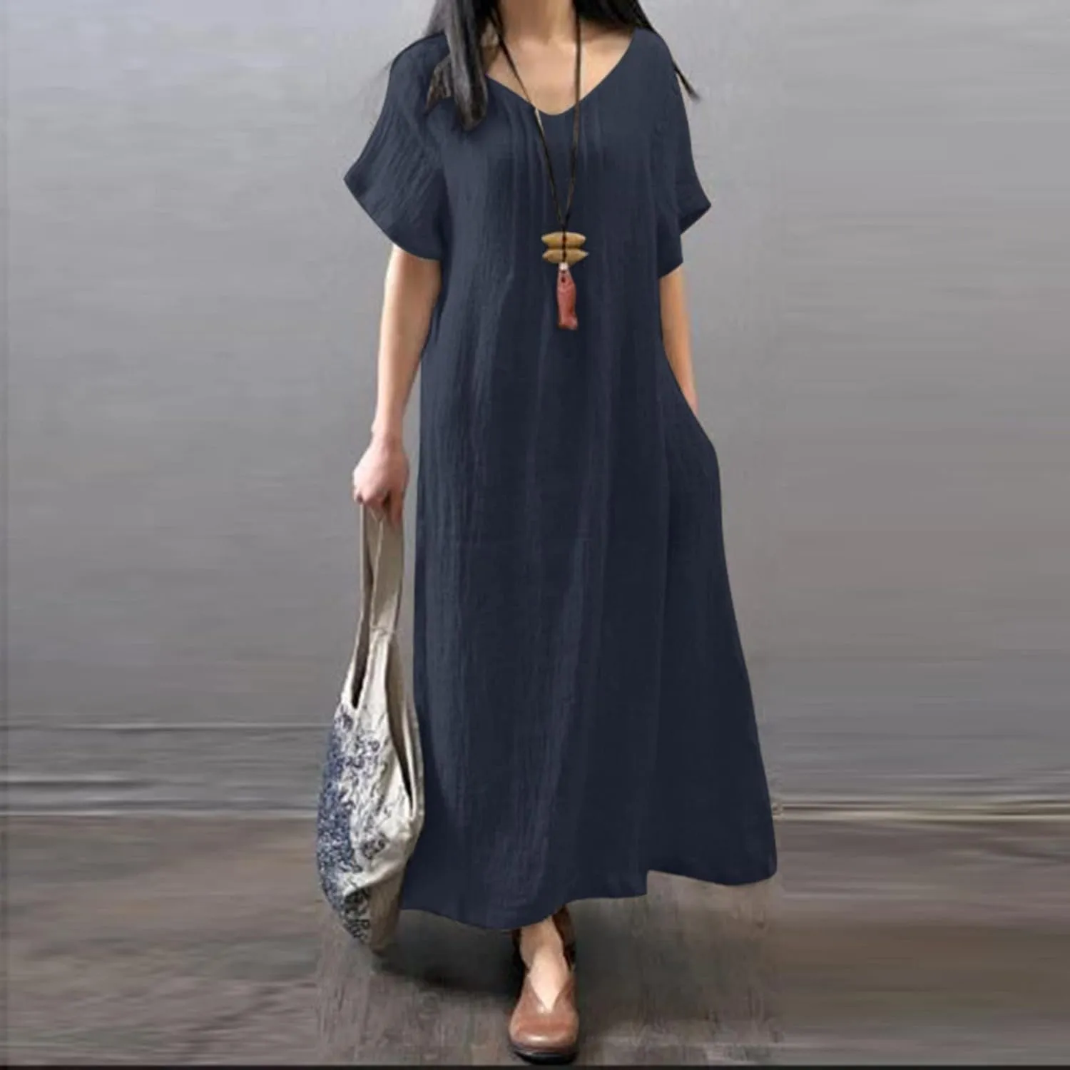 Summer Dress for Women Plus Size Short Sleeve Linen Shirt Dresses Crewneck Maxi Dress Business Casual Dresses